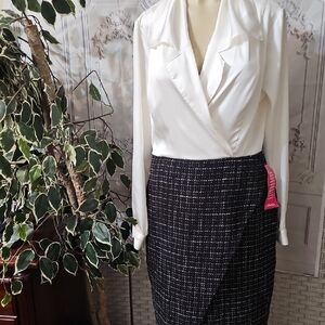 Donna Karen NWT Elegant Black and White Satin/ Tweed Faux Wrap Combo Dress 12